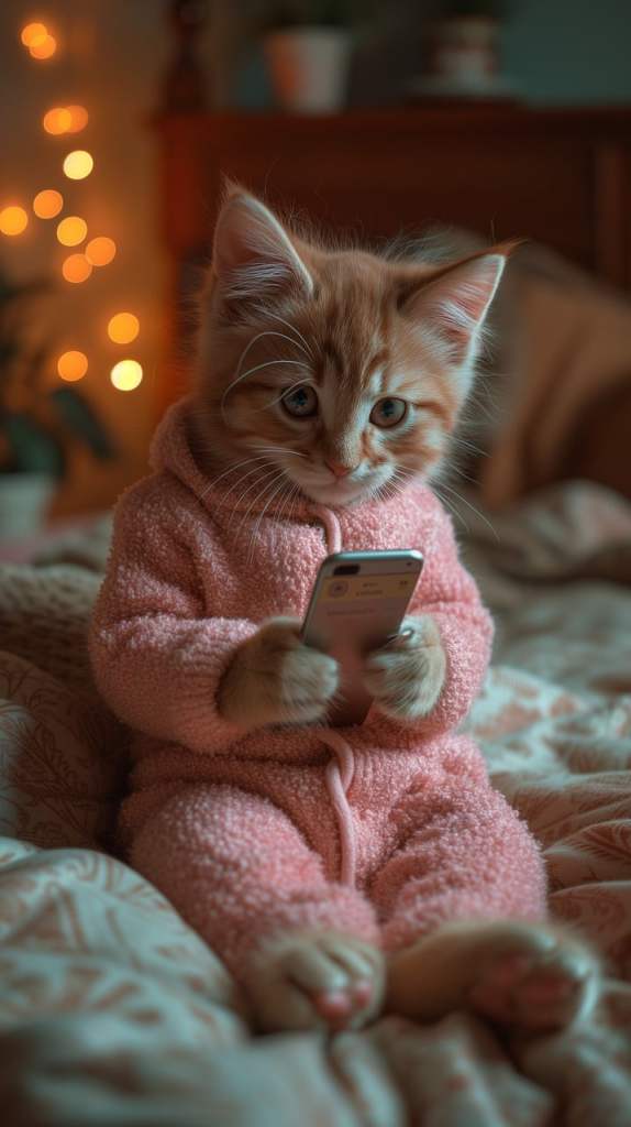A cute orange kitten wearing a pink onesie, sitting on a bed while holding a smartphone, with soft glowing lights in the background.
